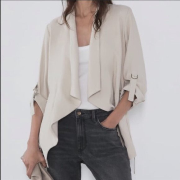 ZARA Blazer Beige oatmeal color, string tied SZ M - Picture 4 of 12